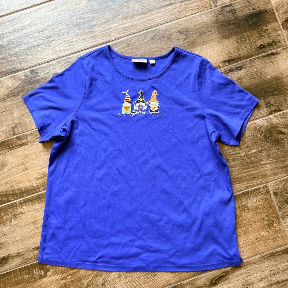 Quacker Factory Women Whimsy Halloween Embroidered Gnomes T-Shirt, Blue, 1X
